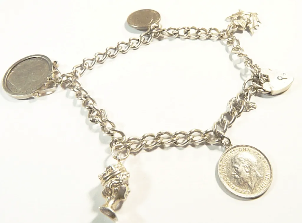 1955 Sterling Silver Charm Bracelet Royalty Themed Queen Victoria George V Queen Elizabeth II