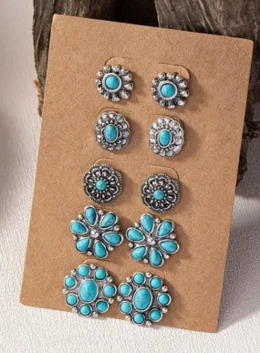 5pairs/Set Retro Western Cowboy Themed Turquoise & Flower Design Hoop Earrings For Women