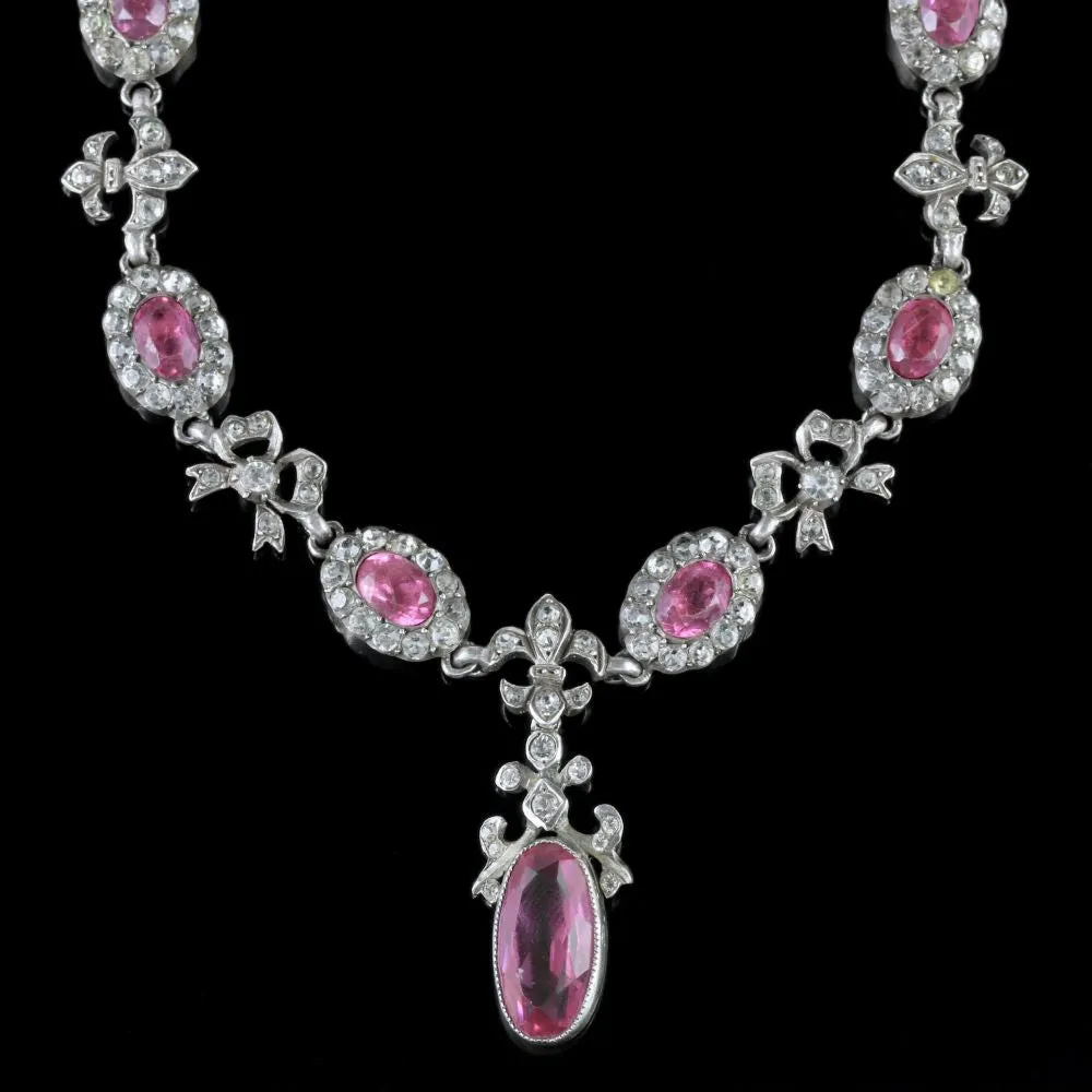 Antique French Belle Epoque Necklace Pink Paste Silver Circa 1890