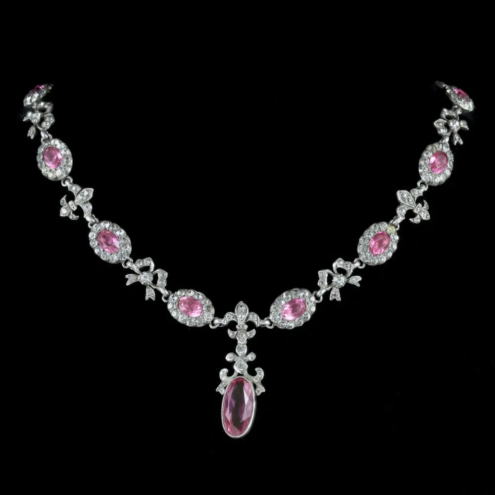 Antique French Belle Epoque Necklace Pink Paste Silver Circa 1890