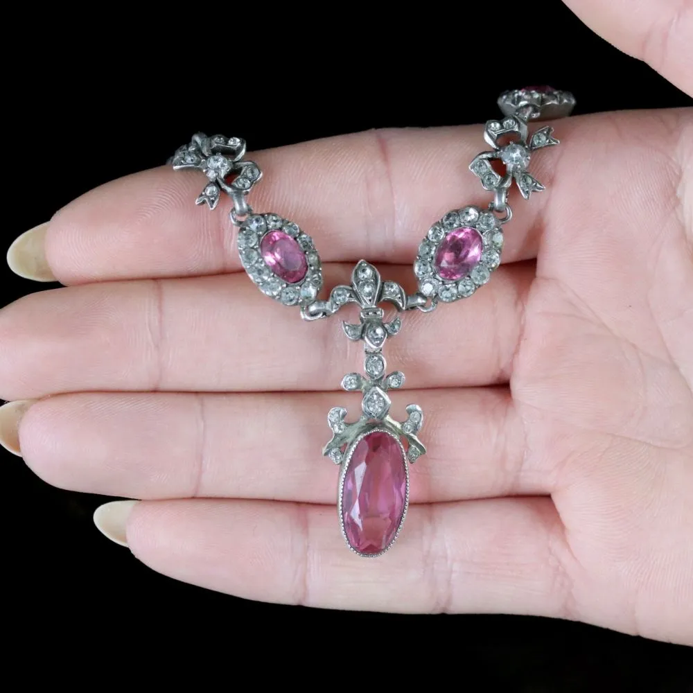 Antique French Belle Epoque Necklace Pink Paste Silver Circa 1890