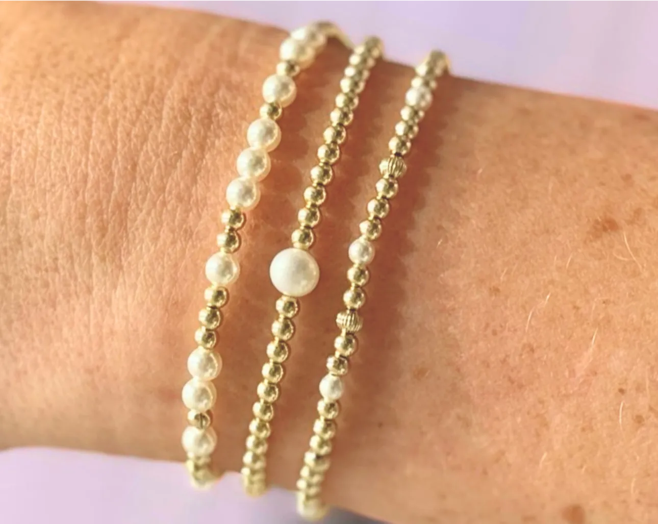 bara boheme - "VENICE" Gold Filled and Pearl Beaded Bracelets Stack: 14K Gold Filled / Stretchy 6.5"