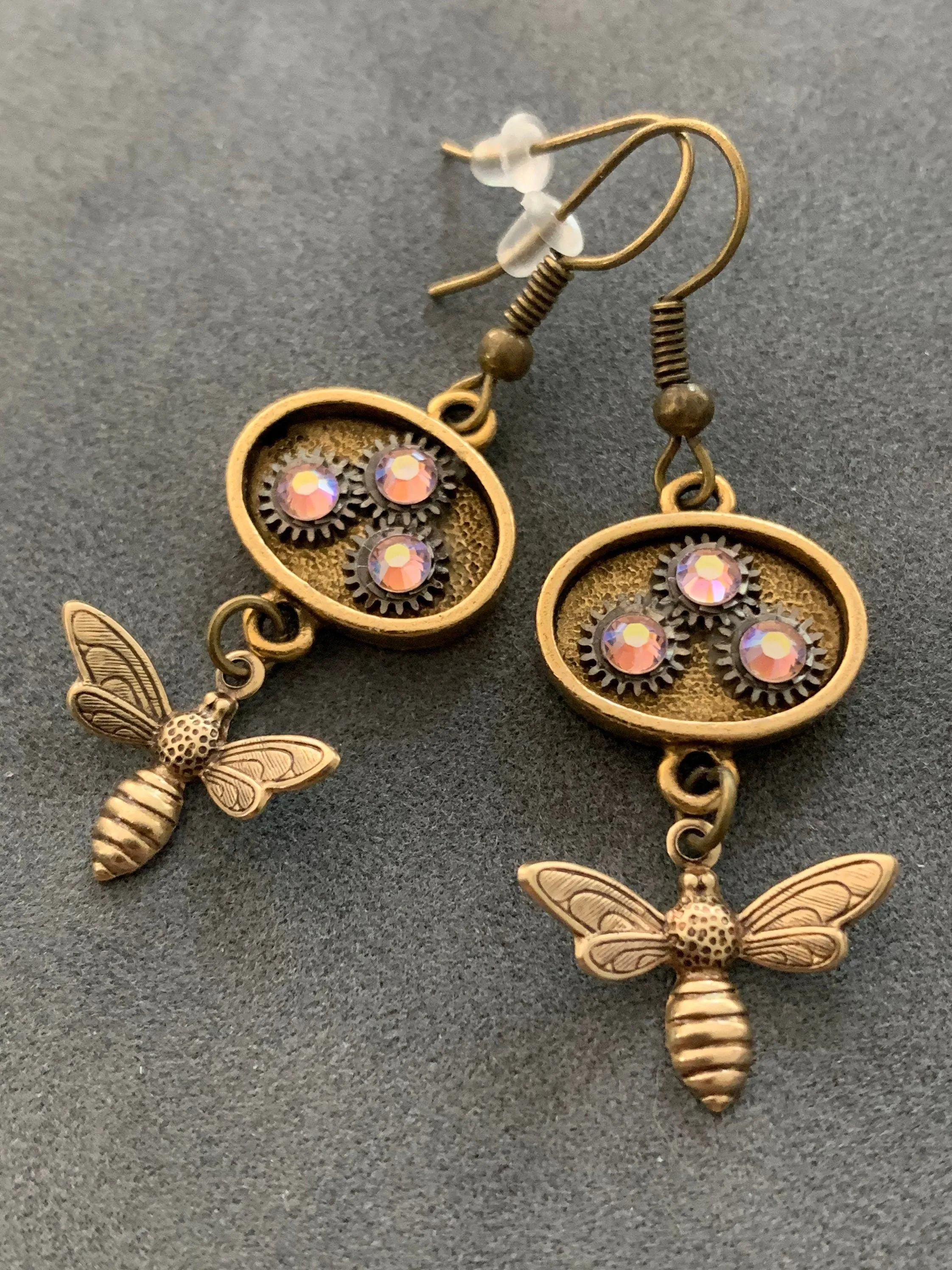 Bee lovers elegant Steampunk earrings drop earrings Gift for nature lover - birthday gift  unique one of a kind with Swarovski crystals