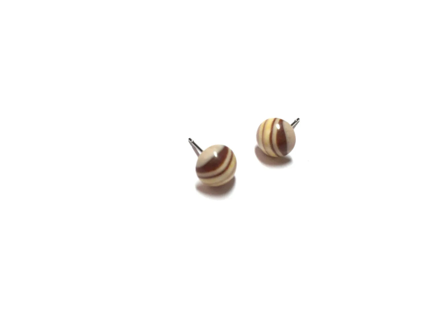 Beige Striped Vintage Lucite Small Retro Button Stud Earrings