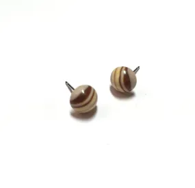 Beige Striped Vintage Lucite Small Retro Button Stud Earrings