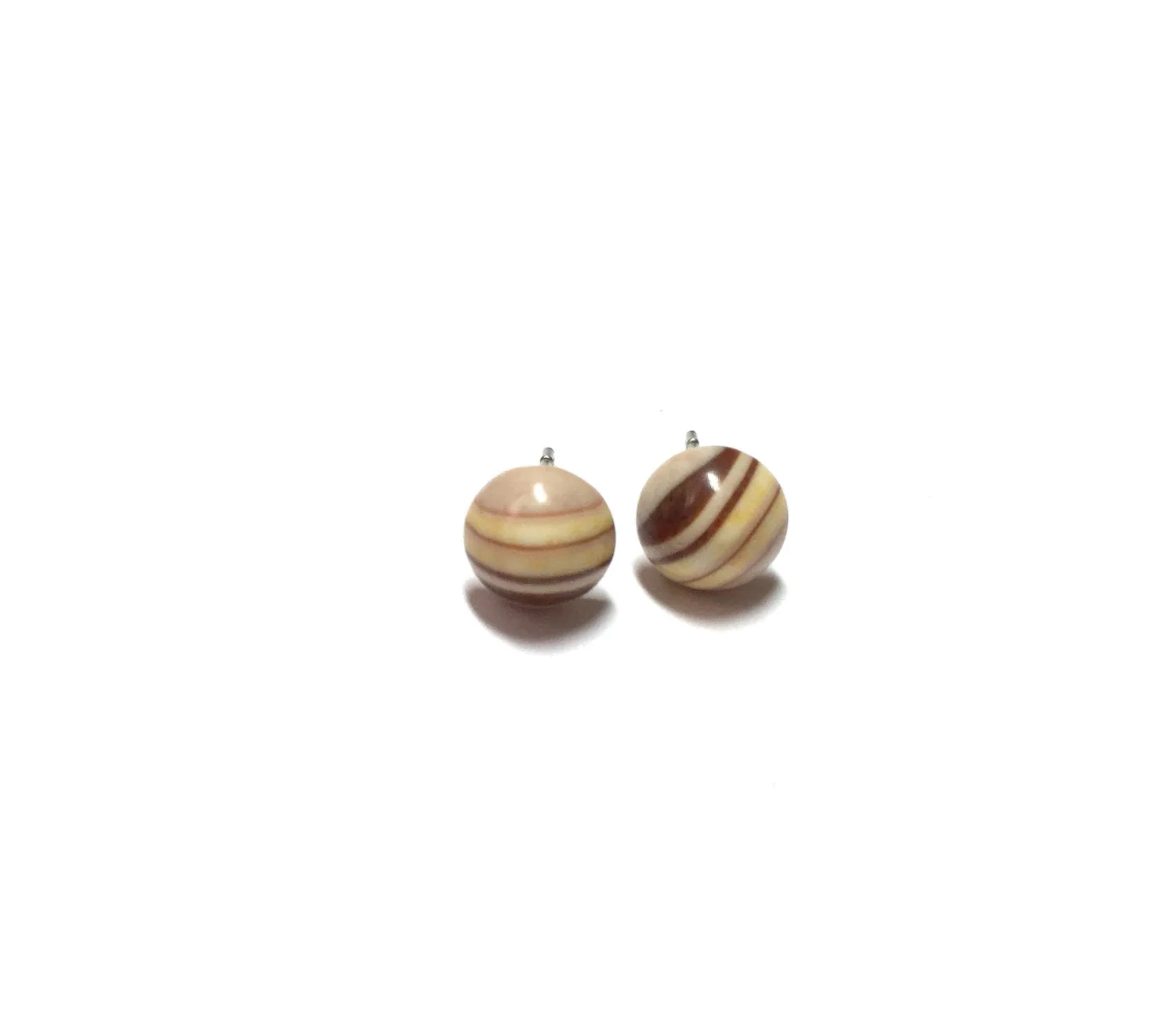 Beige Striped Vintage Lucite Small Retro Button Stud Earrings