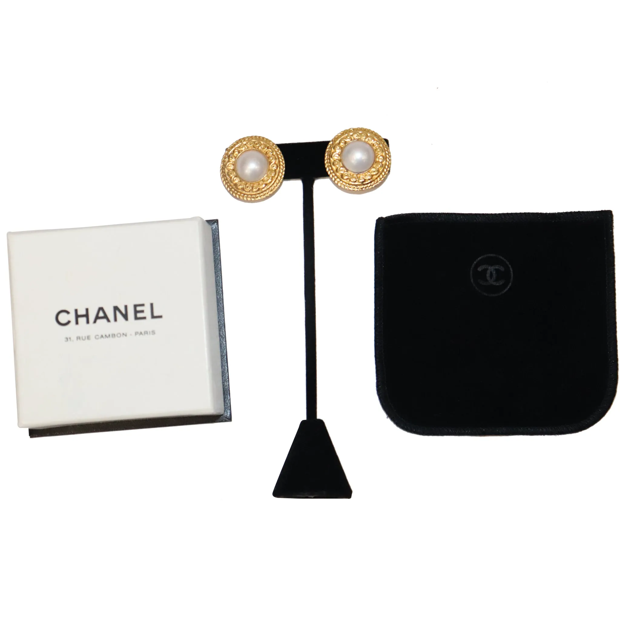 Chanel Round Faux Pearl Gold-tone Plated Metal Clip on Earrings Circa 1980s