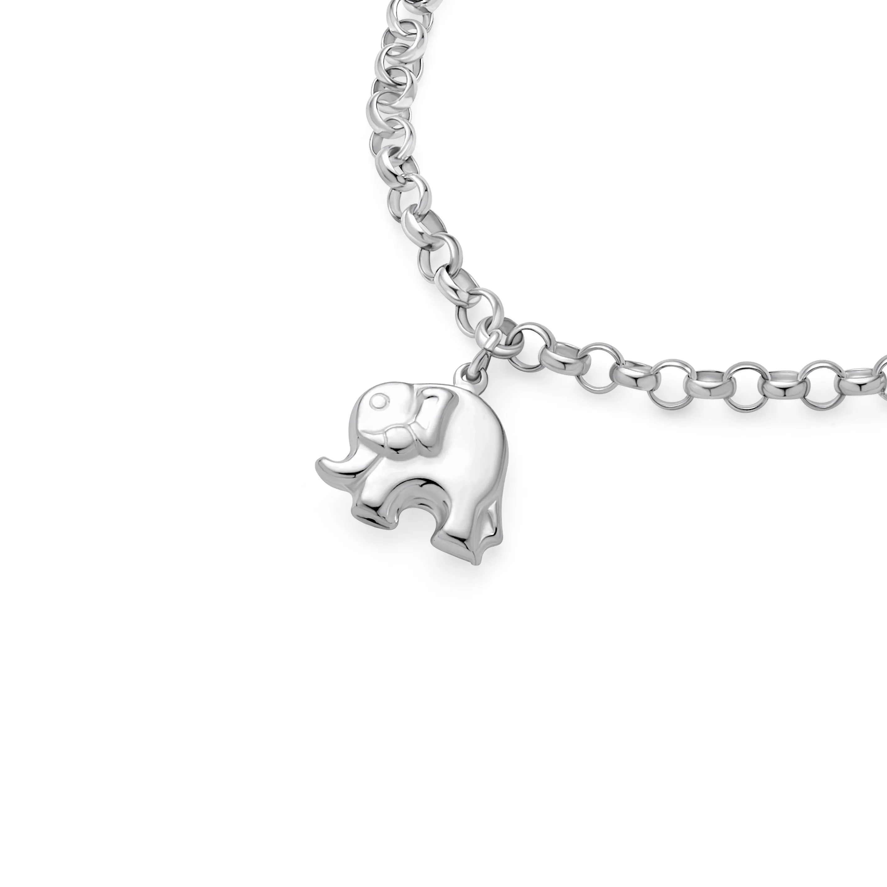 Charm Dangling Good Luck Elephant Bracelet Rolo Chain Sterling Silver