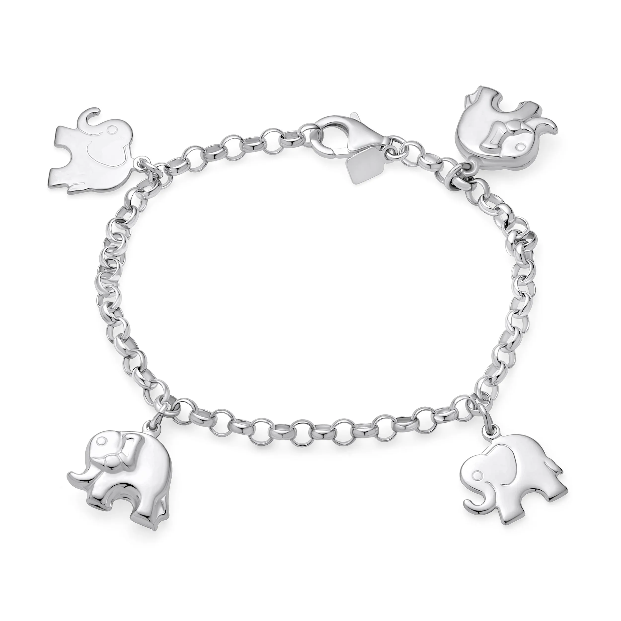 Charm Dangling Good Luck Elephant Bracelet Rolo Chain Sterling Silver