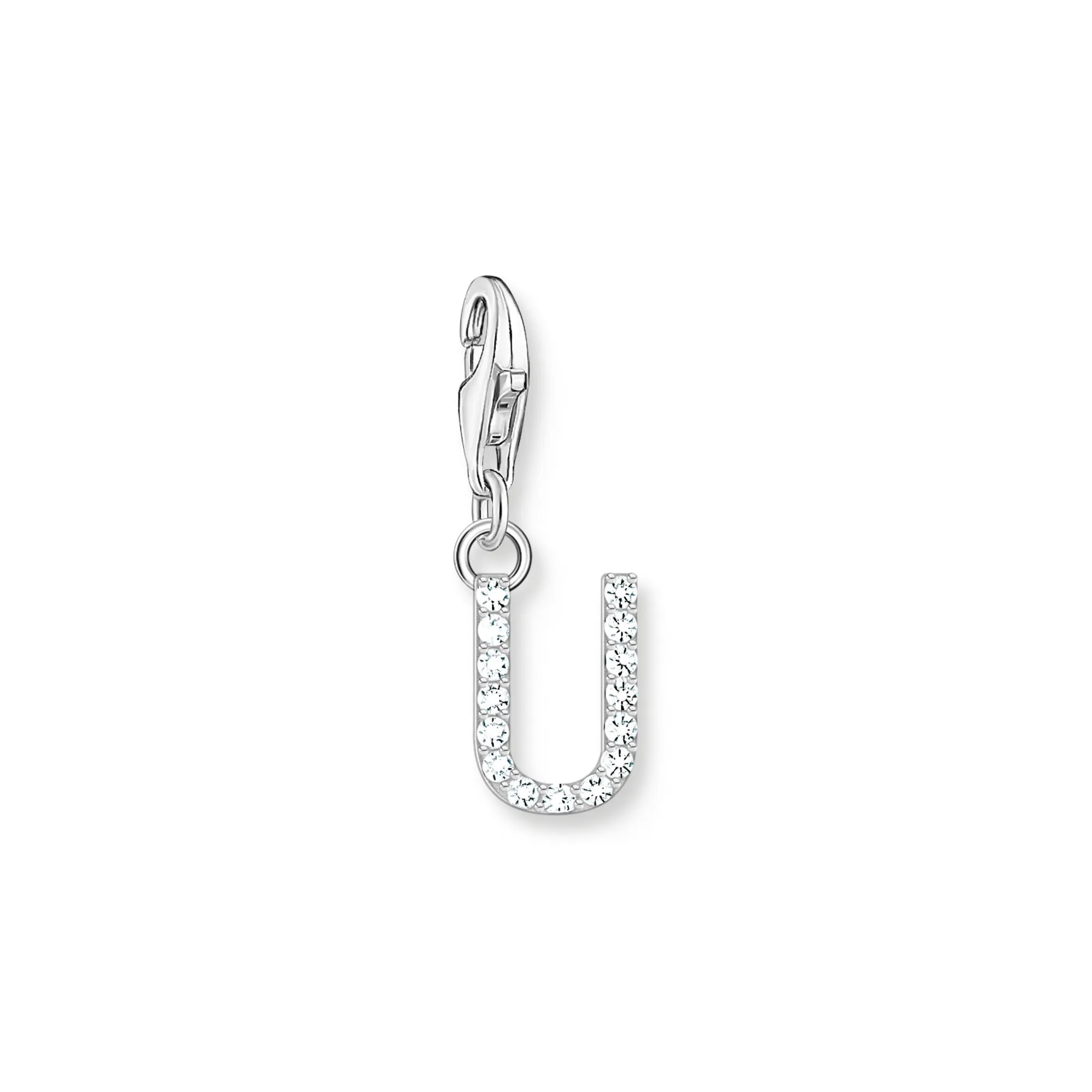 Charm pendant letter U with white stones silver