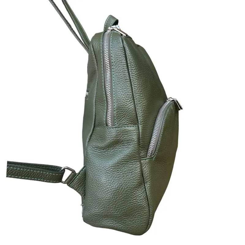 Italian Leather Medium Backpack in Olive Green