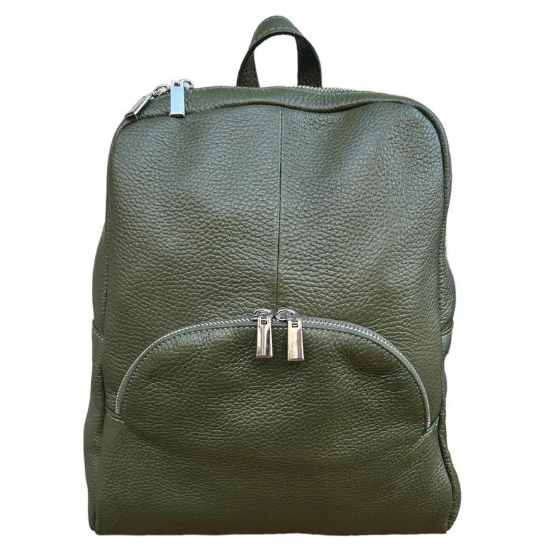 Italian Leather Medium Backpack in Olive Green