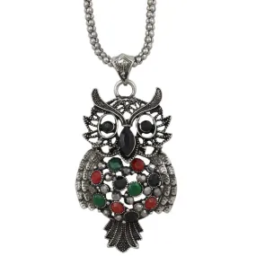 Large Black Owl Pendant on Antique Silver Chain - PT518