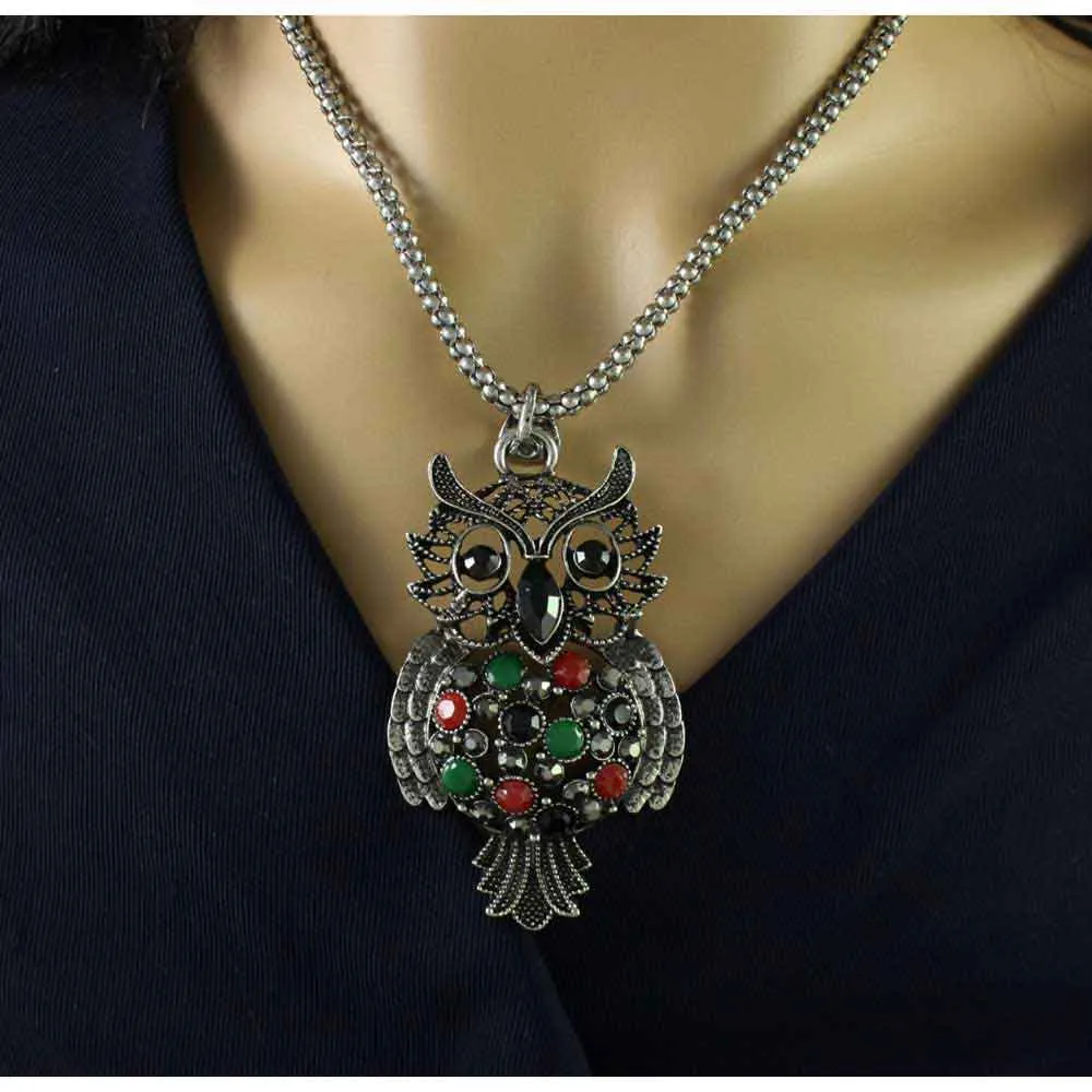 Large Black Owl Pendant on Antique Silver Chain - PT518