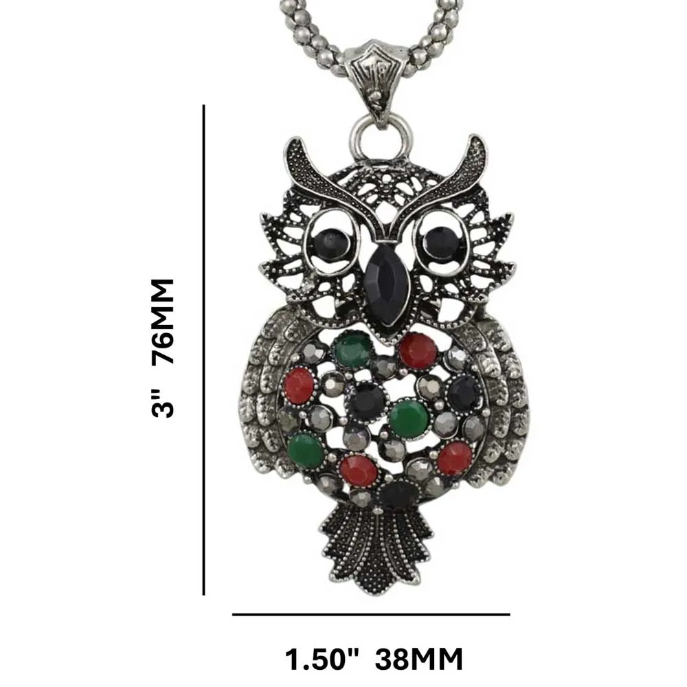 Large Black Owl Pendant on Antique Silver Chain - PT518