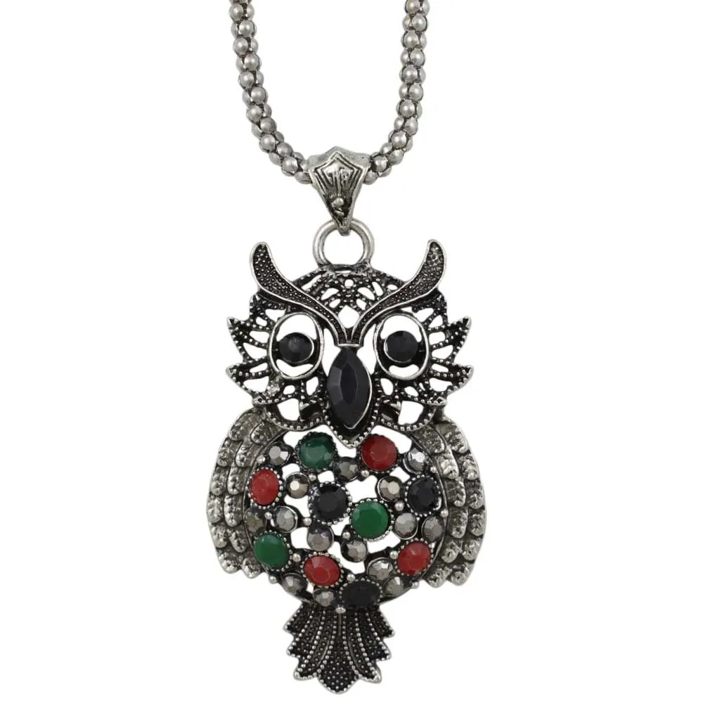 Large Black Owl Pendant on Antique Silver Chain - PT518