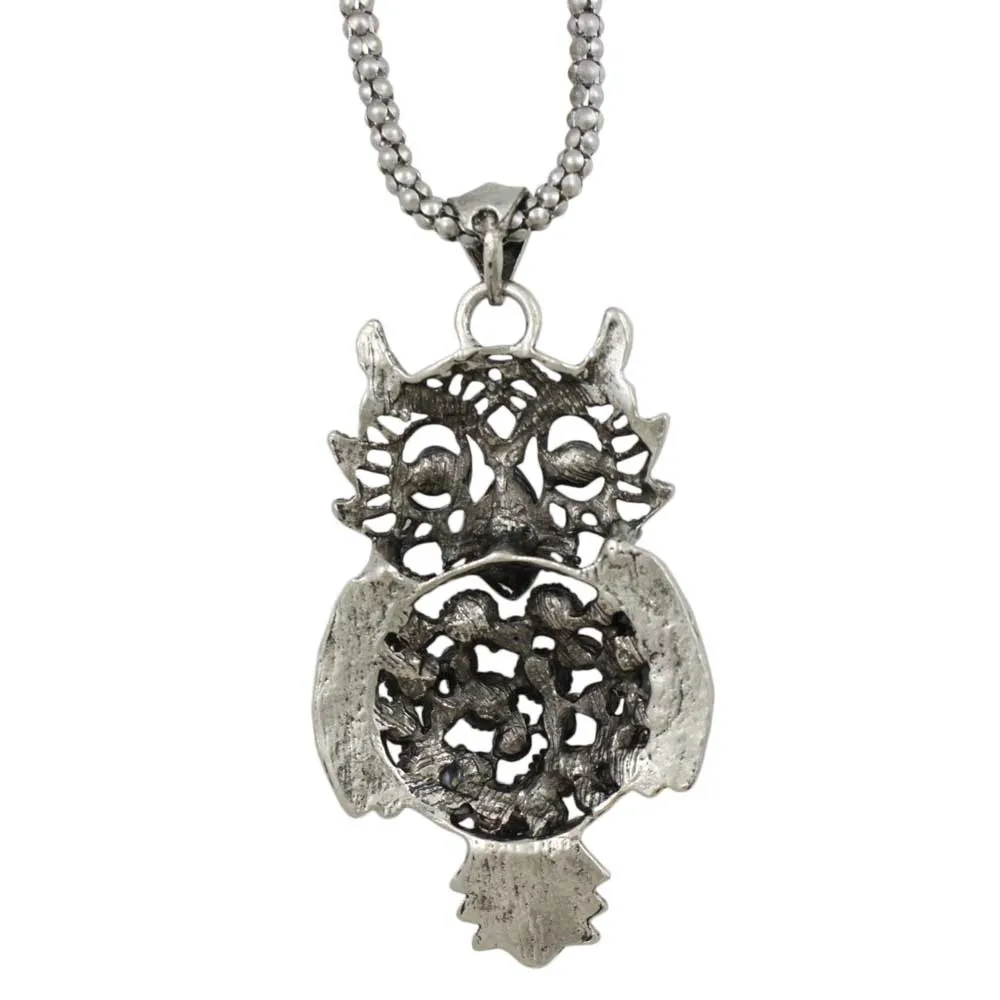 Large Black Owl Pendant on Antique Silver Chain - PT518