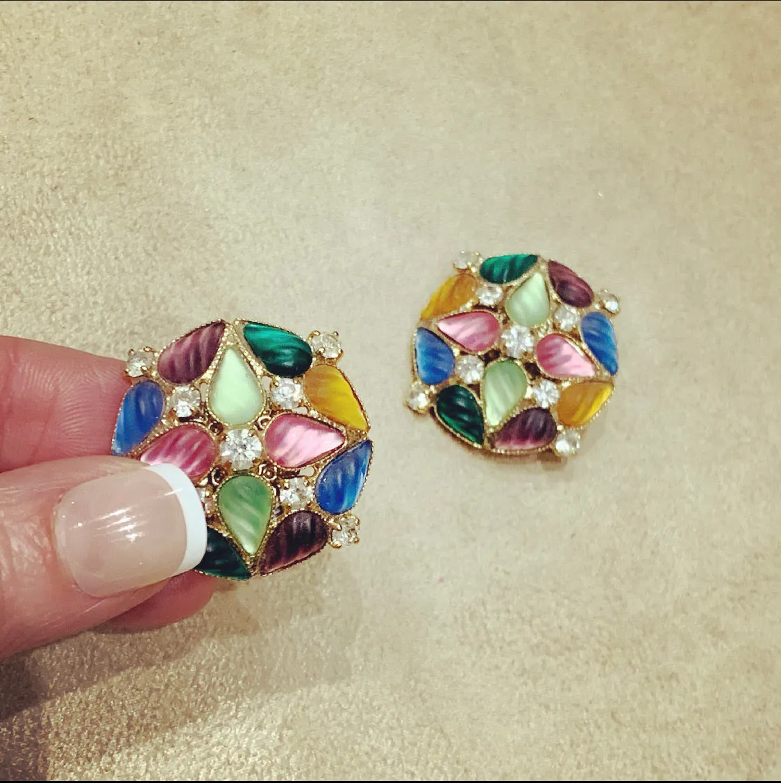 Multi coloured symmetrical vintage clip on earrings in