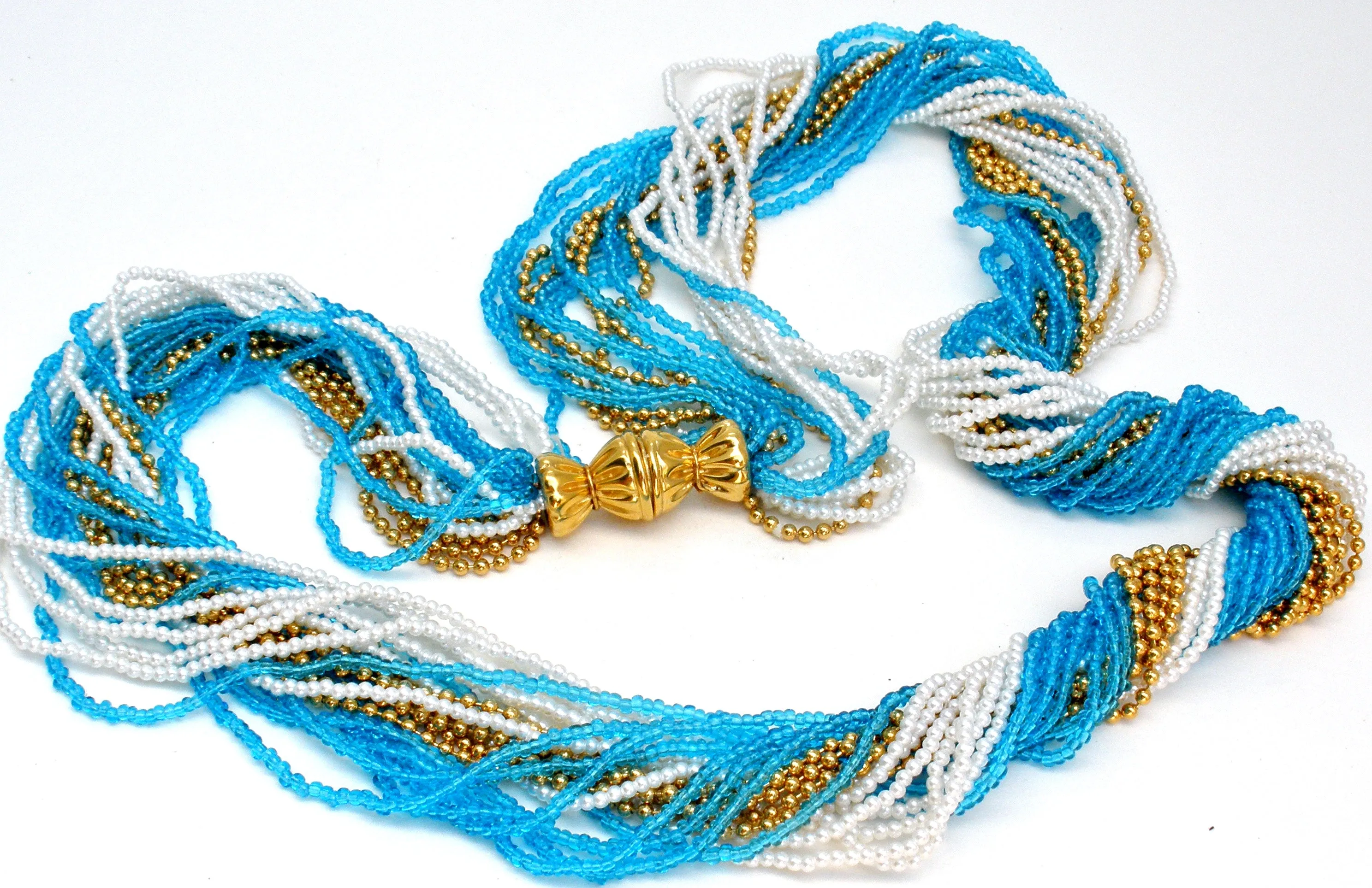 Napier Blue White & Gold Torsade Bead Necklace Vintage