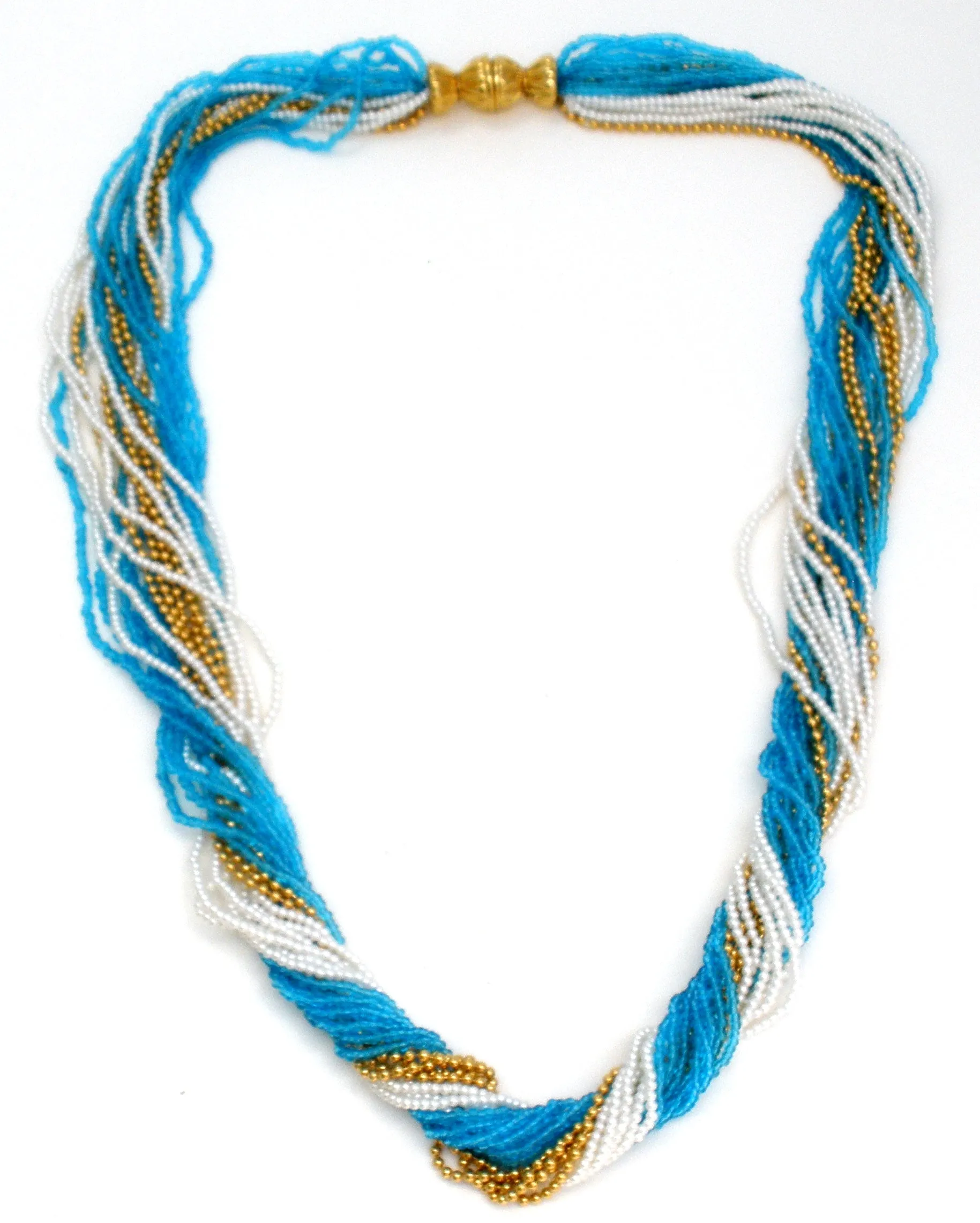 Napier Blue White & Gold Torsade Bead Necklace Vintage