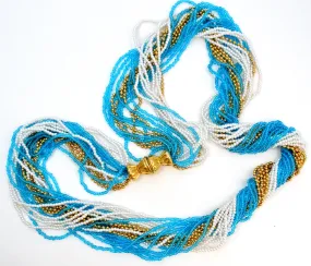 Napier Blue White & Gold Torsade Bead Necklace Vintage