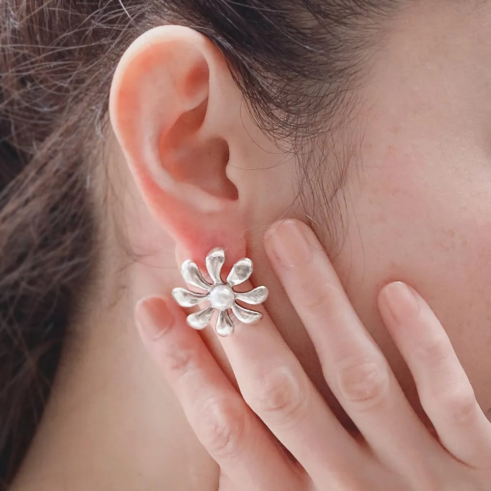 Pearl Flower Titanium Earrings