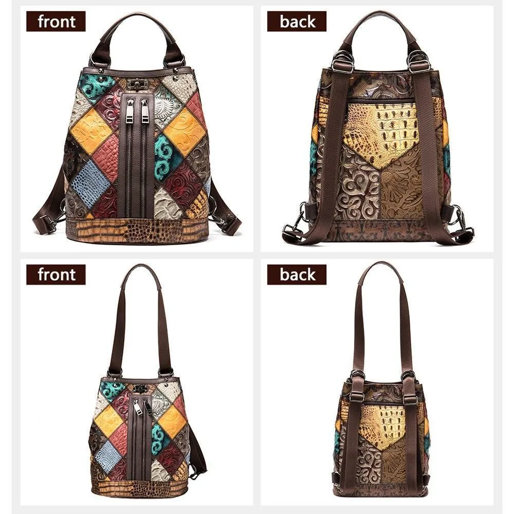 Premium Leather Travel Backpacks For Women Boho Patchwork