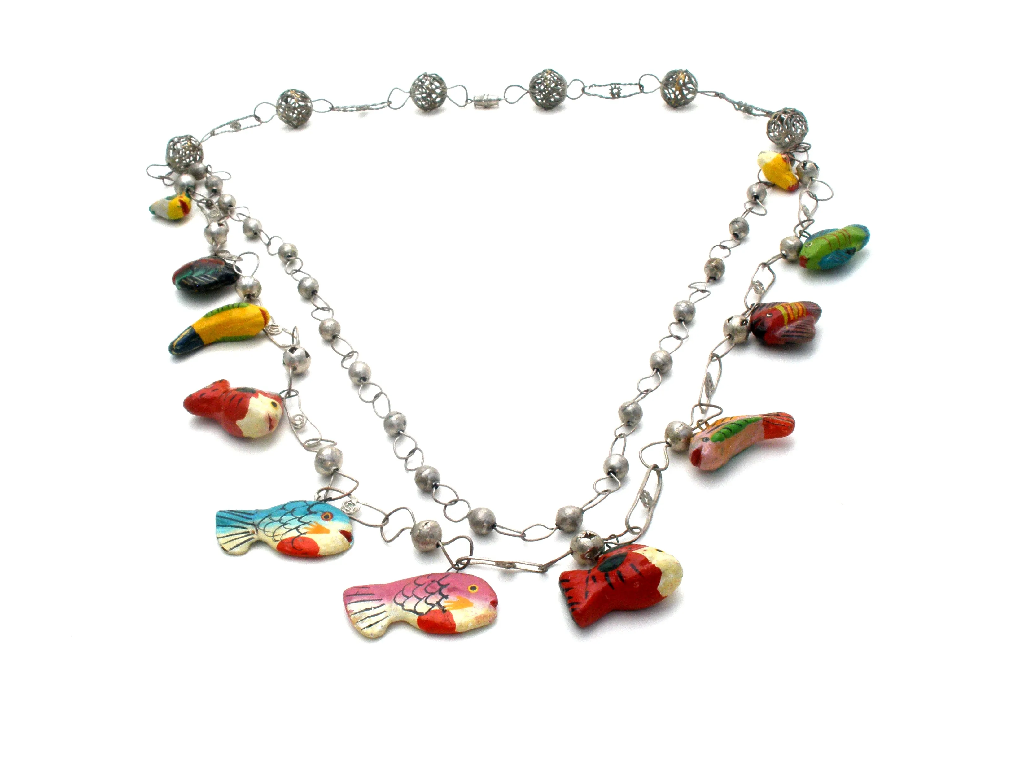 Silver Link Necklace with Enamel Wood Fish Charms