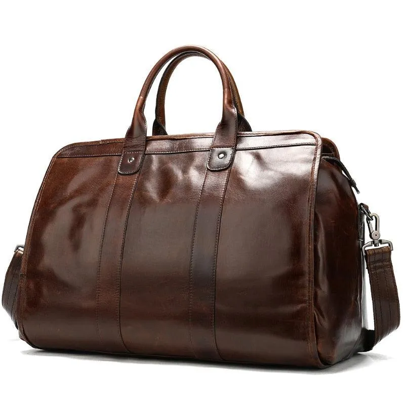 Smooth Leather Travel Bag Vintage Style Shoulder Duffle Bag