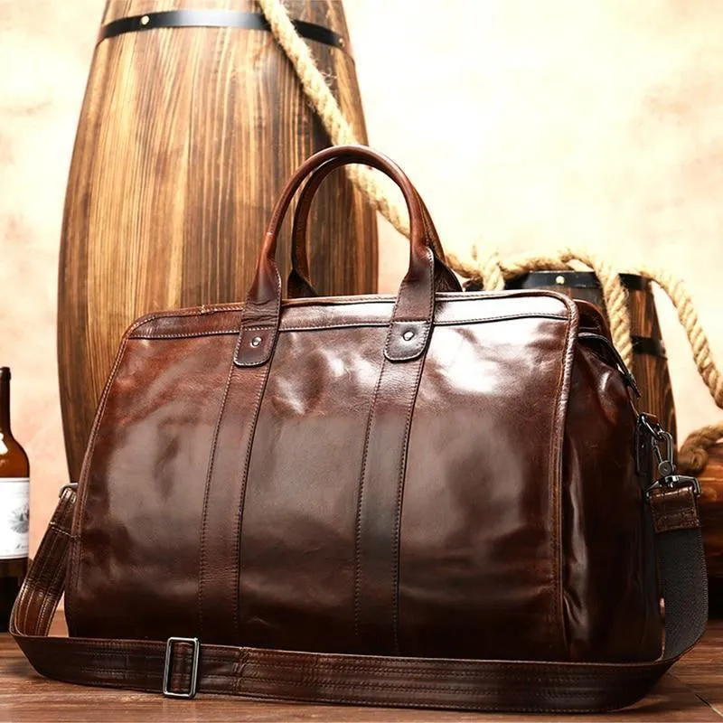 Smooth Leather Travel Bag Vintage Style Shoulder Duffle Bag