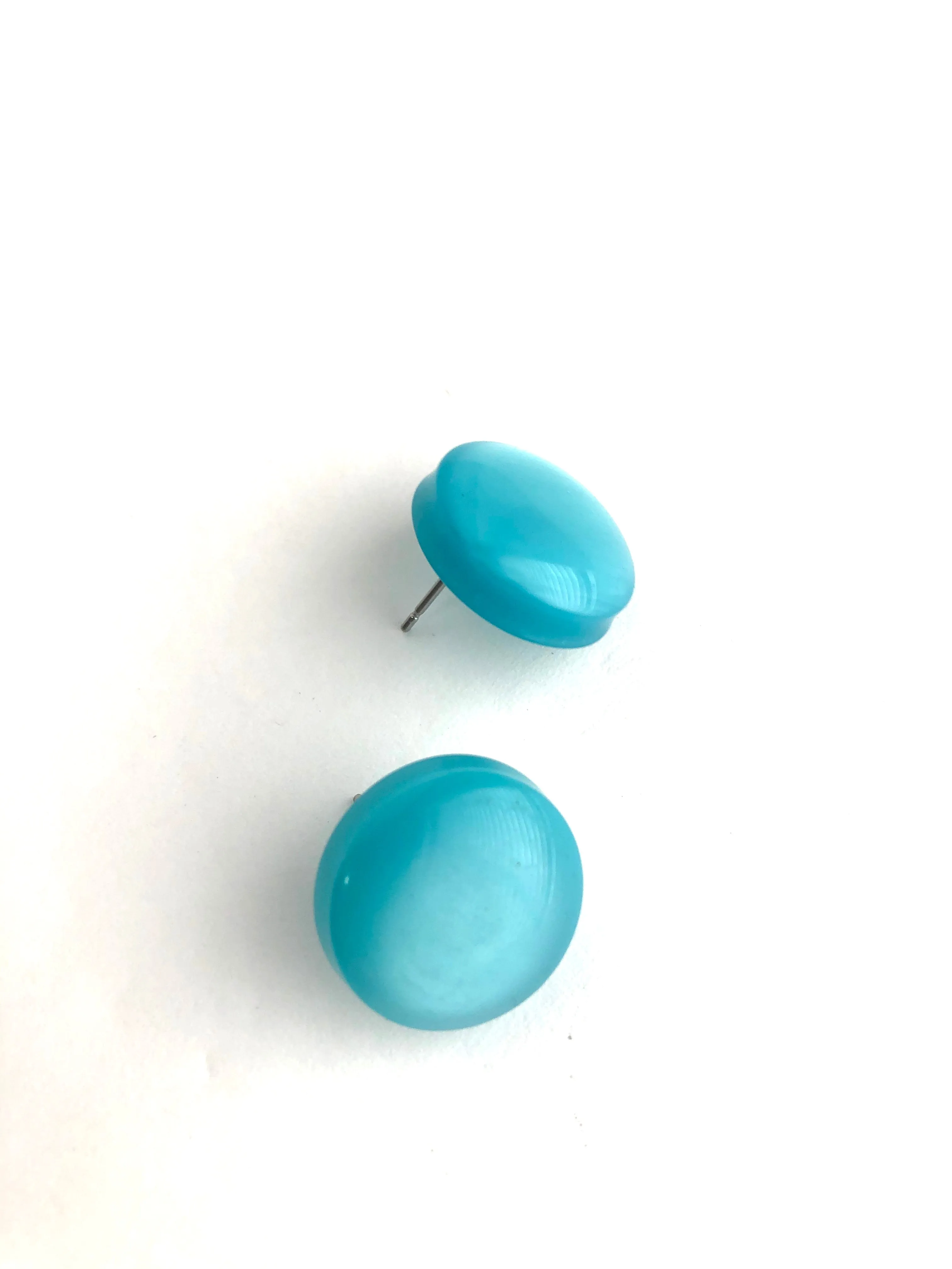 Teal Moonglow Beveled Disc Stud Earrings