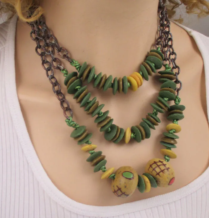 Triple Strand Handmade African Trade Bead  & Copper Necklace