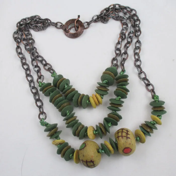 Triple Strand Handmade African Trade Bead  & Copper Necklace