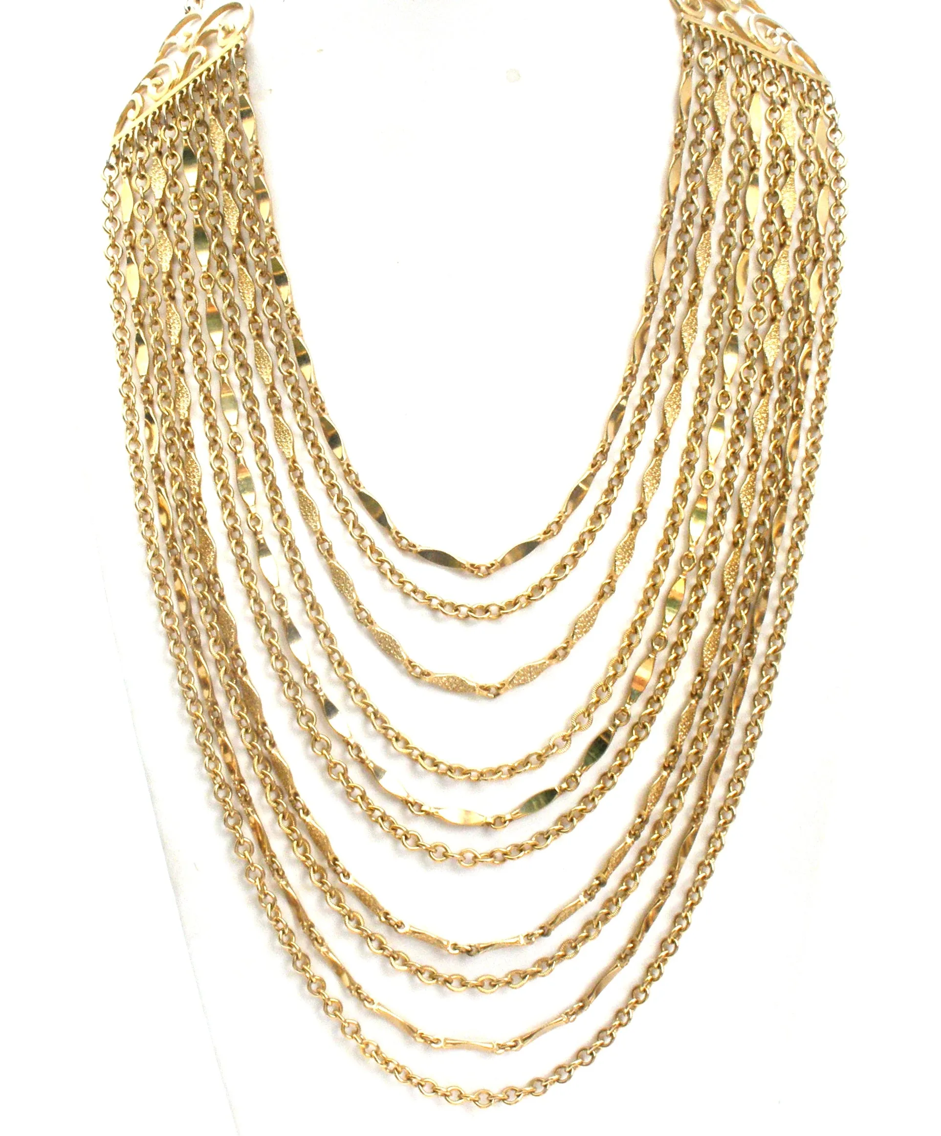 Vintage 10 Chain Bib Necklace Gold Tone