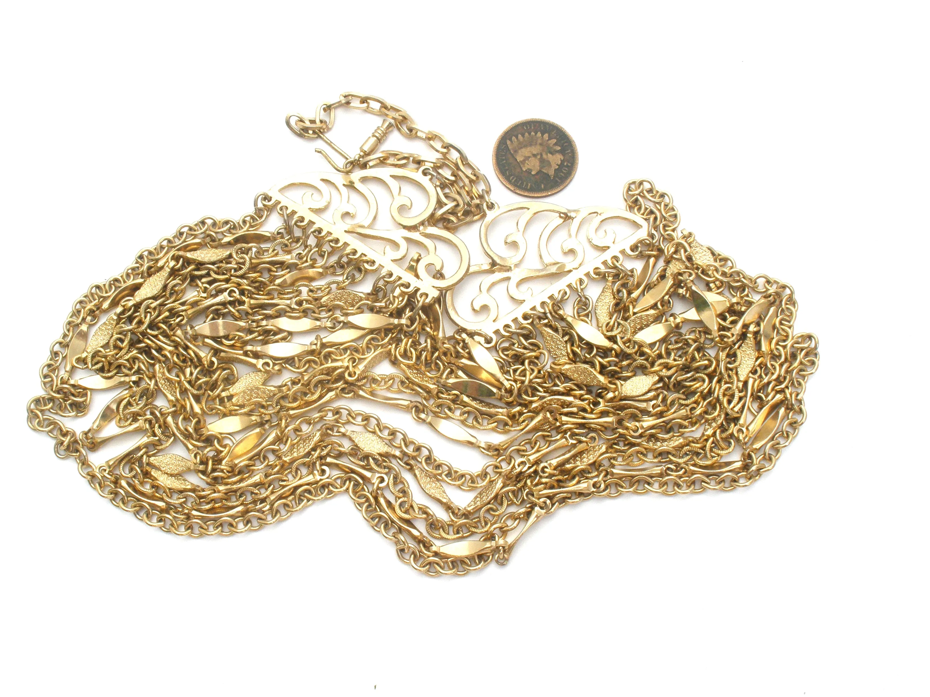 Vintage 10 Chain Bib Necklace Gold Tone