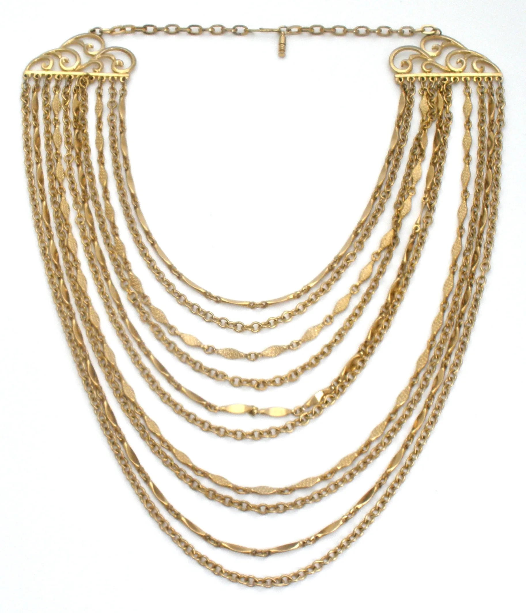 Vintage 10 Chain Bib Necklace Gold Tone