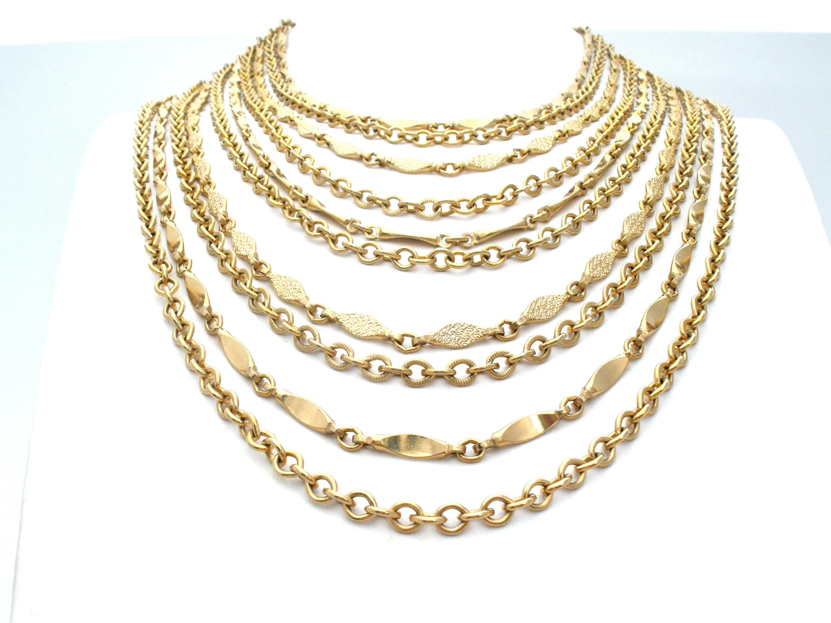 Vintage 10 Chain Bib Necklace Gold Tone