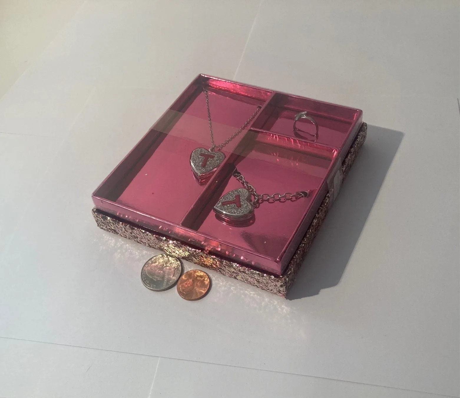 Vintage Box Set of 2 Necklaces and a Ring, Sparkly Box, Pendants, Lockets, For Pictures, Quality, Fun, Fashion, Accessory, Jewelry