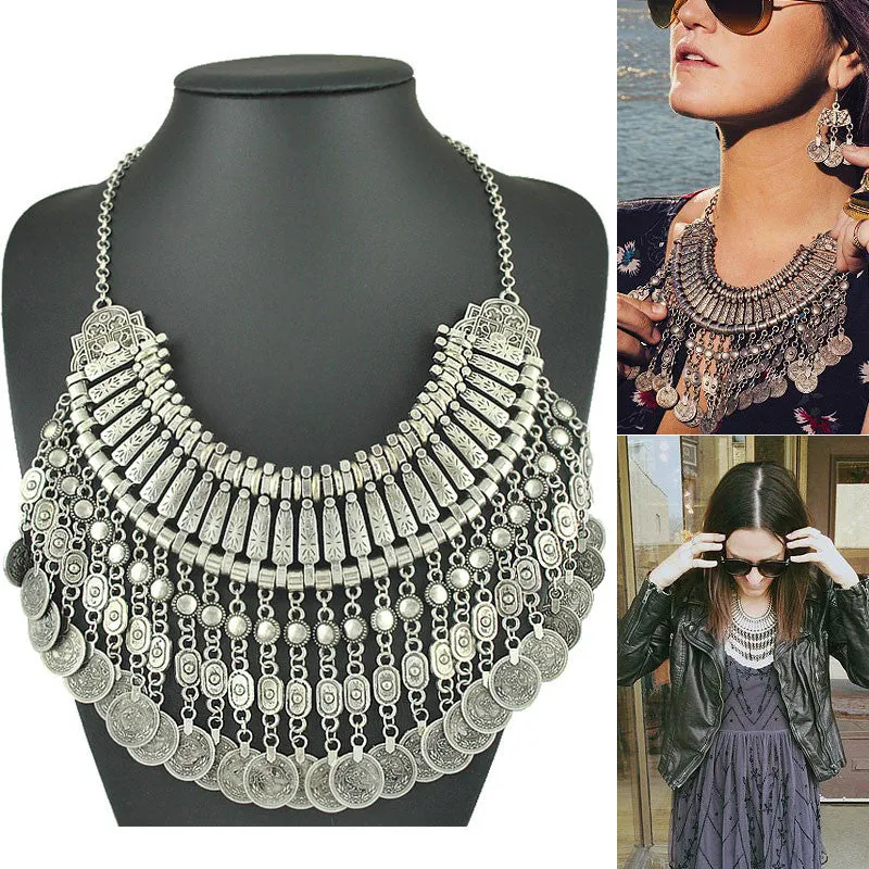 Vintage Gypsy Ethnic Boho Necklaces Retro Metal Carving Coins Vintage Gold And Silver Plated Statement Necklaces For Women Jewelry