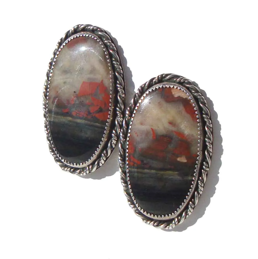 Vintage Navajo Earrings Sterling Silver & Montana Agate - Signed